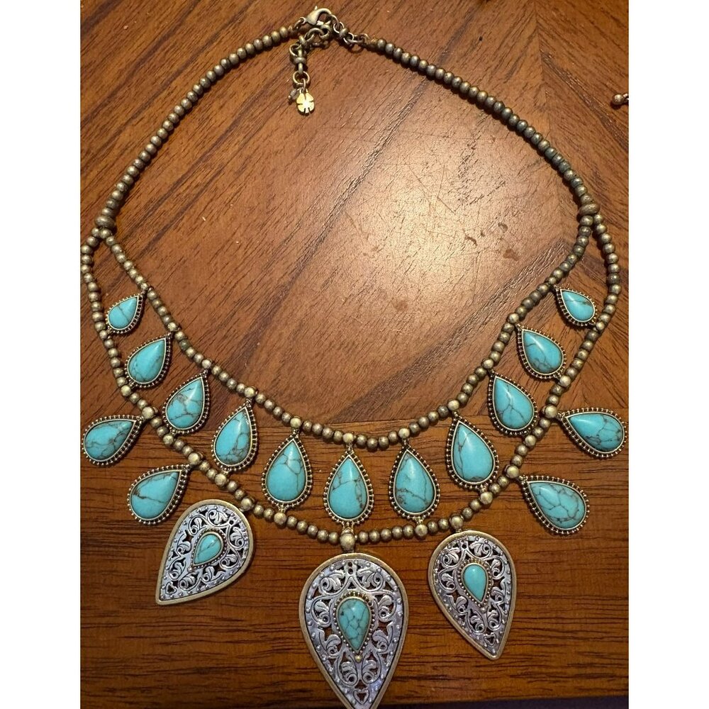 Vintage Lucky Brand Boho Turquoise & Brass Statement Necklace With Filigree Tear